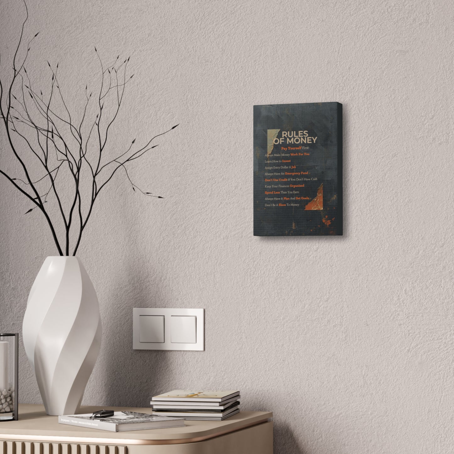 Canvas Wall Art - "Rules of Money" Financial Motivation Stretched Canvas