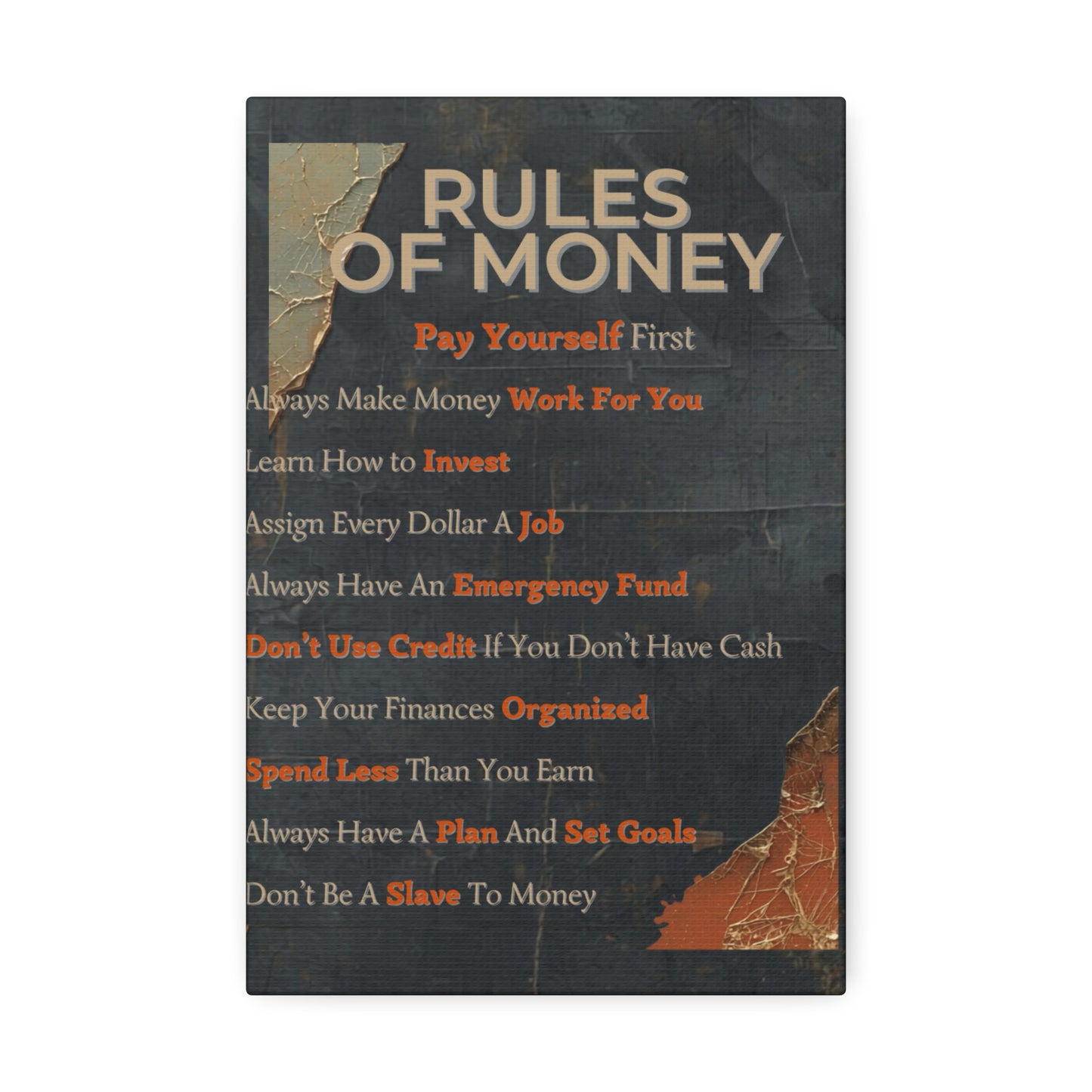 Rules of Money Canvas Wall Art — Personal Finance Motivational Print
