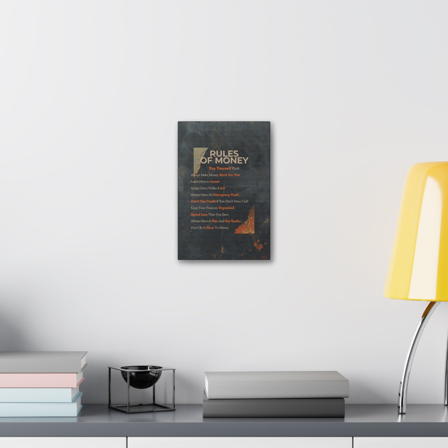 Canvas Wall Art - "Rules of Money" Financial Motivation Stretched Canvas