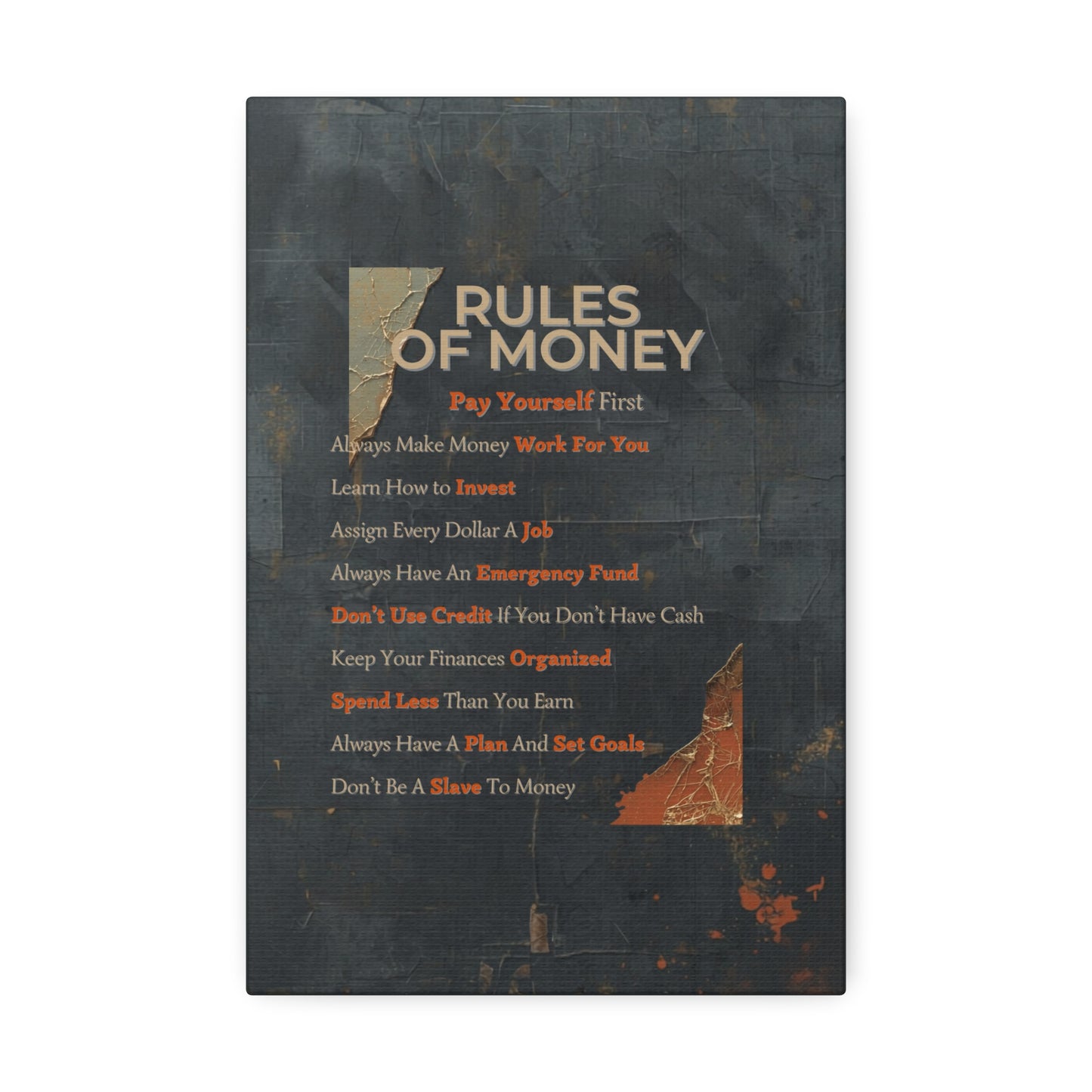 Canvas Wall Art - "Rules of Money" Financial Motivation Stretched Canvas